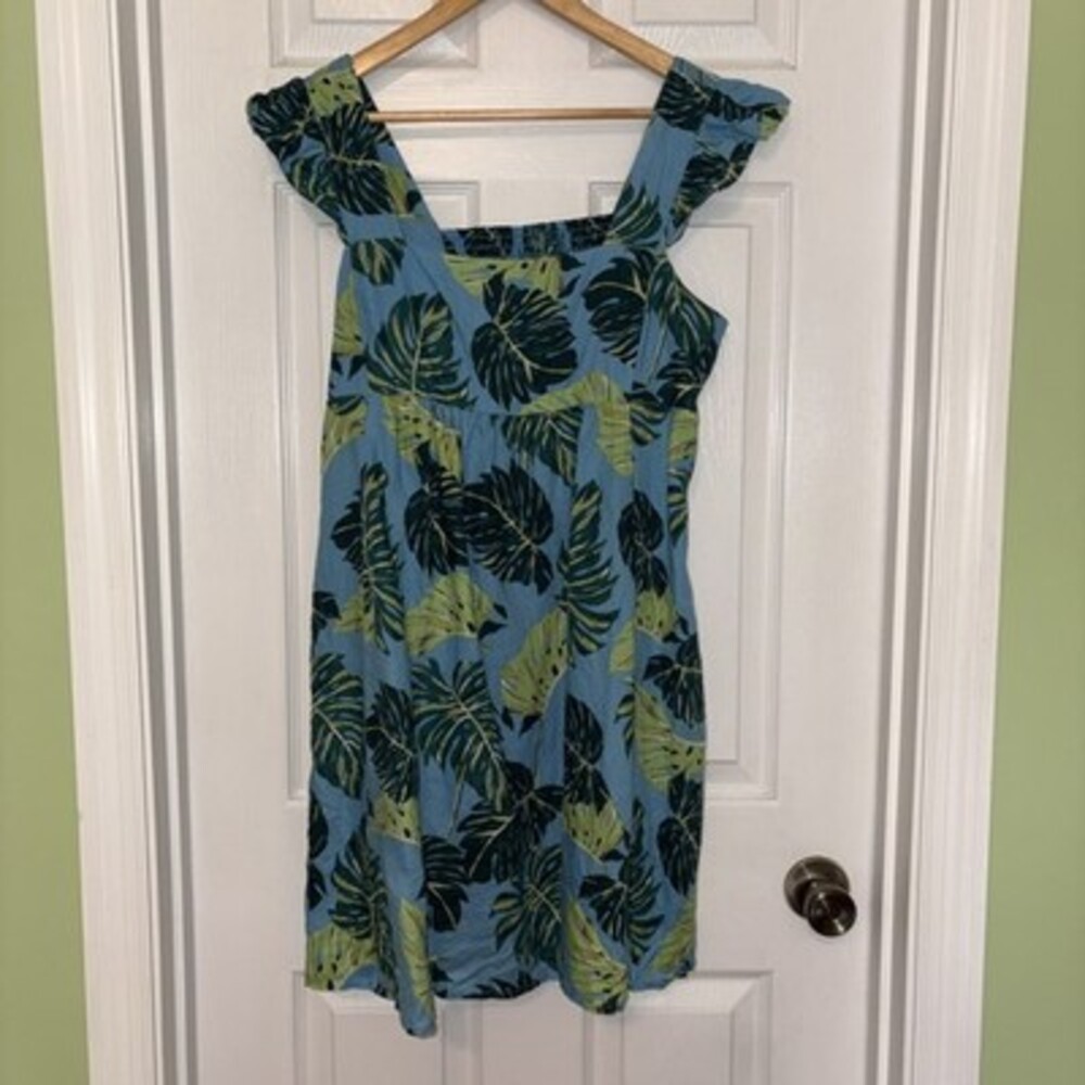 EUC Draper James Monstera Hawaiian Print Linen Mini Sundress Sz Large W/ Pockets